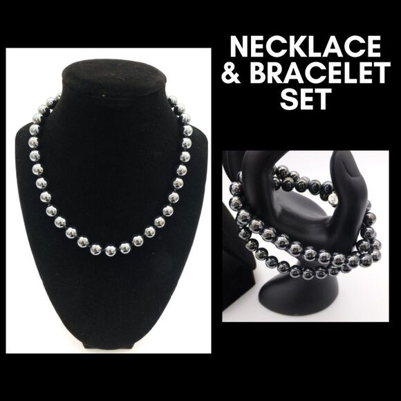 NWOT Cookie Lee Beaded Ball, Dark Silver/Black Chrome Necklace and Bracelet Set - Picture 1 of 7
